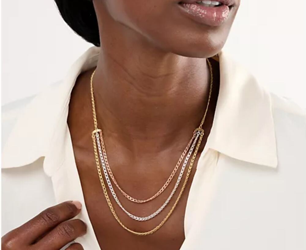 UltraFine 950 Silver Tri-Tone Layered Double Link Curb 18" Necklace